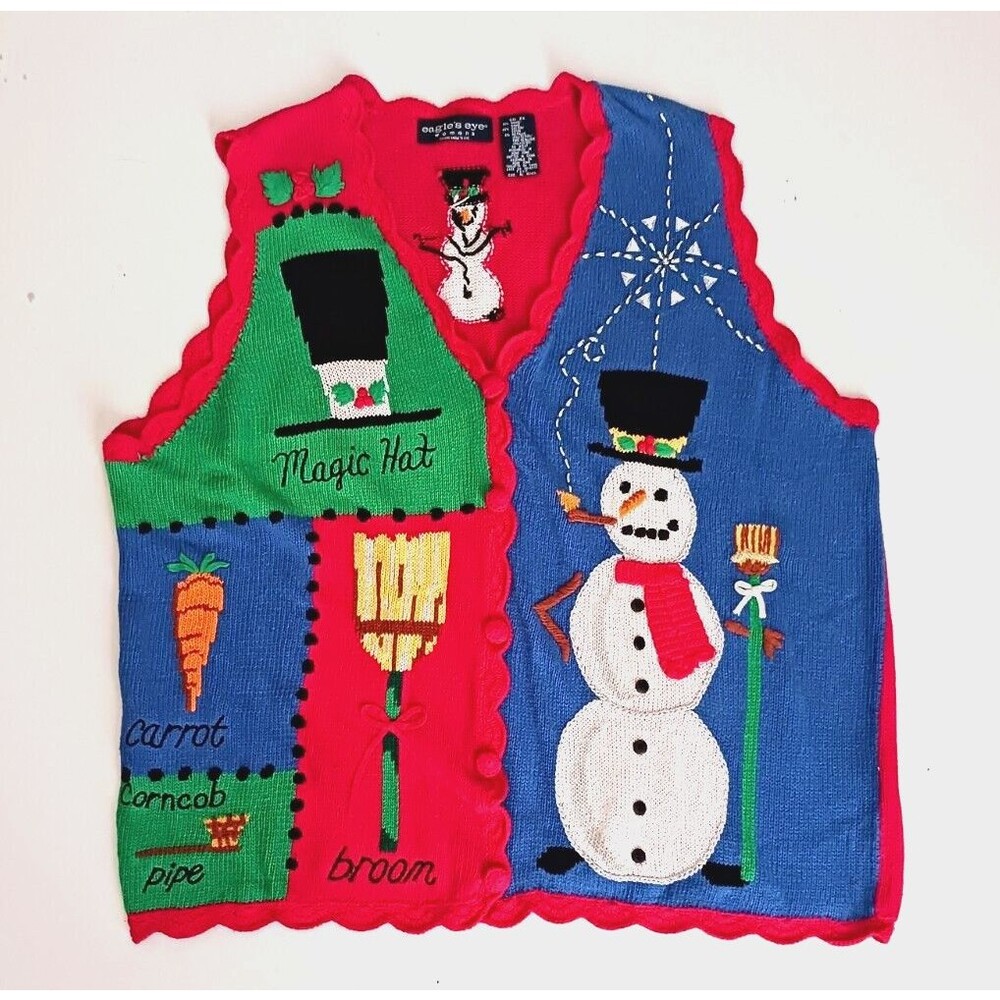 VTG 95 Eagles Eye Christmas Vest Snowman Snowflake 2X Ugly Sweater Cotton Blend